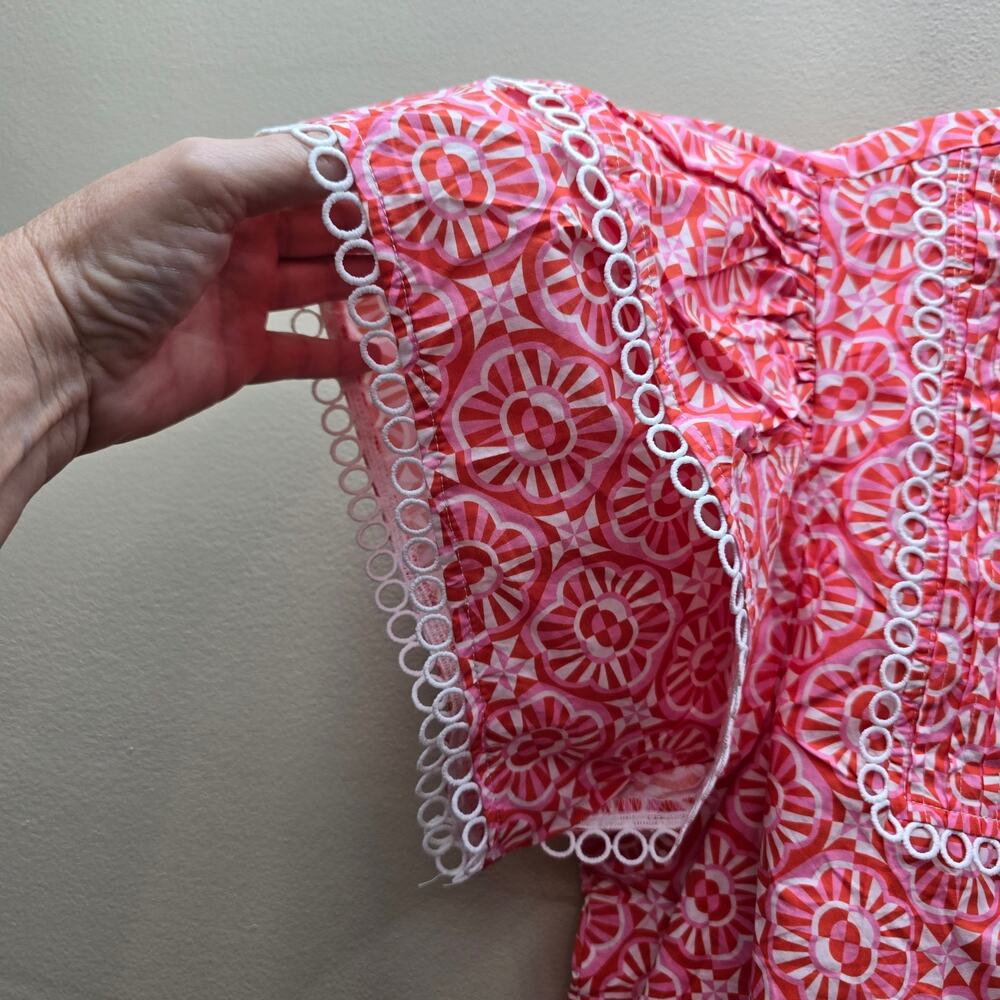 SSYS the Label Blouse Top Size XL Lace Trim Pink/Orange Print Cotton Popover - Picture 3 of 8